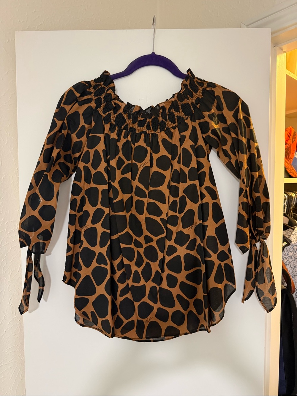 Michael Kors Brown and Black Giraffe-Print Off-Shoulder Blouse
